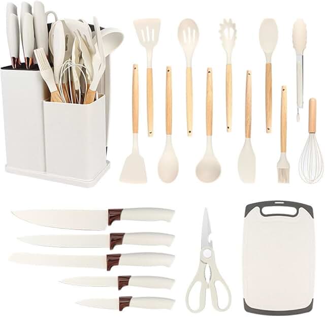 19-Piece Silicone Kitchen Utensil Set with Knives and Storage