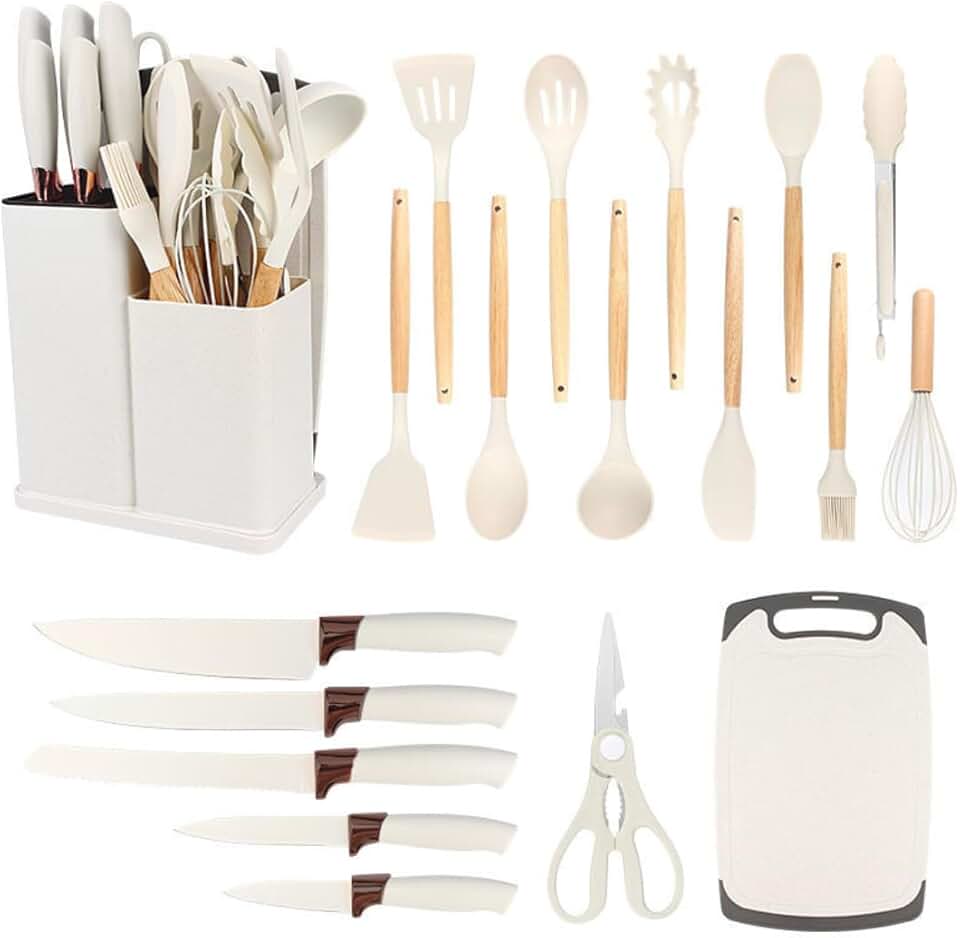 19-Piece Silicone Kitchen Utensil Set with Knives and Storage
