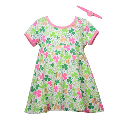 Girl's St Patrick's Day Dress - Green Shamrock Dress for Baby, Toddler and Little Girls, Green White Pink Gold, 0-3 Months