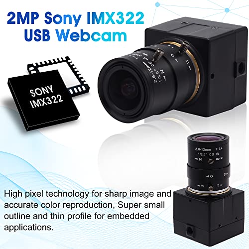 2MP USB Camera 1080P Sony IMX323 Sensor with 2.8-12mm Zoom Optical Lens, Low Light Webcam H.264 Format OTG UVC Plug & Play Free Drive for Video Conference Live Streaming Calling (SFV-2.8-12mm)