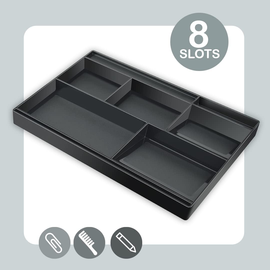 Black plastic desk drawer organizer with 8 compartments
