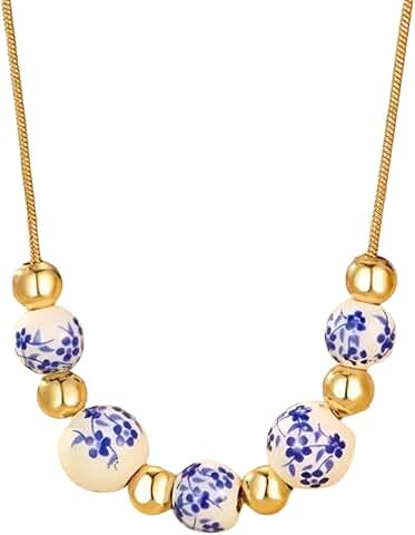 Blue Floral Ceramic Bead Necklace with Gold Chain