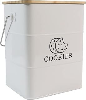 White metal cookie jar with lid and handle