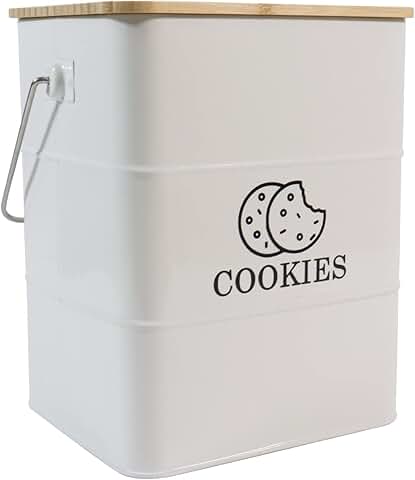 White metal cookie jar with lid and handle