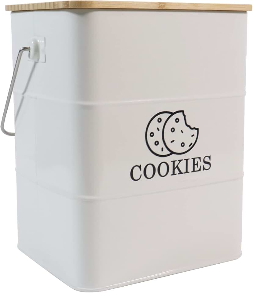 White metal cookie jar with lid and handle