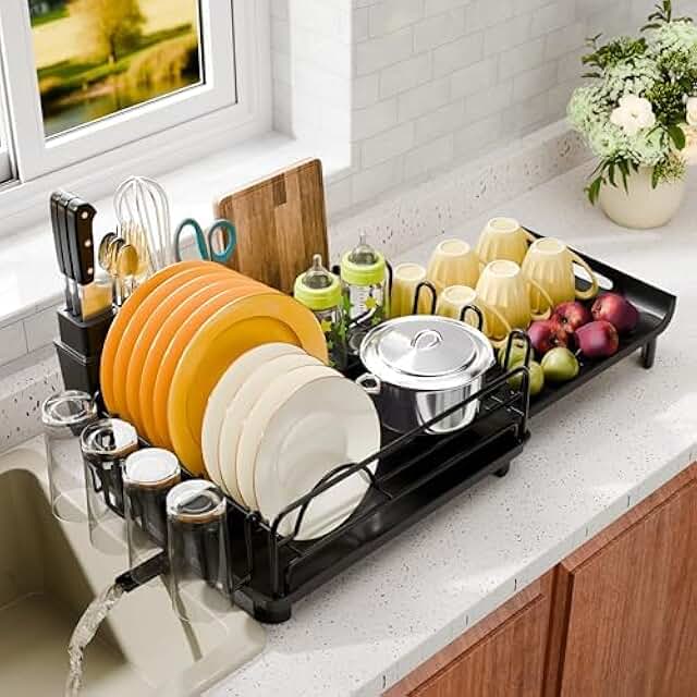 Extendable Dish Drying Rack with Utensil Holder