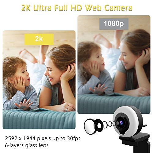 2K Webcam with Microphone and Adjustable Ring Light, USB AutoFocus Web Camera, for Streaming Online Class, Compatible with Zoom/Skype/Facetime/Teams, PC Mac Laptop Desktop