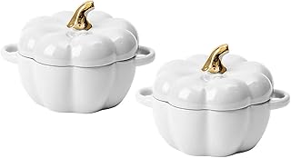Set of 2 Ceramic Pumpkin Bowls with Lids, 14 oz