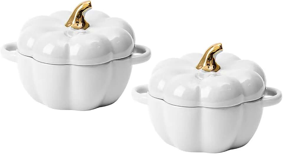 Set of 2 Ceramic Pumpkin Bowls with Lids, 14 oz