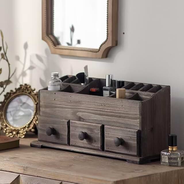 Rustic Wooden Organizer with 13 Compartments and 3 Drawers