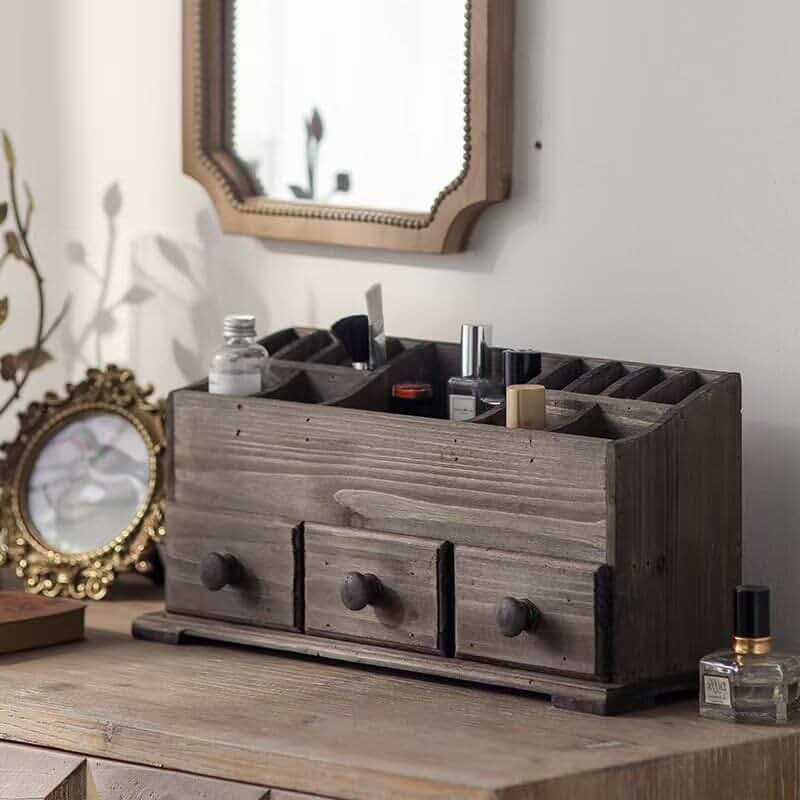 Rustic Wooden Organizer with 13 Compartments and 3 Drawers