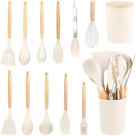 12-Piece Silicone Kitchen Utensil Set with Wooden Handles