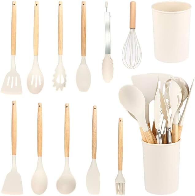 12-Piece Silicone Kitchen Utensil Set with Wooden Handles