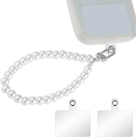 White Pearl Beaded Phone Wrist Strap with Back Patch