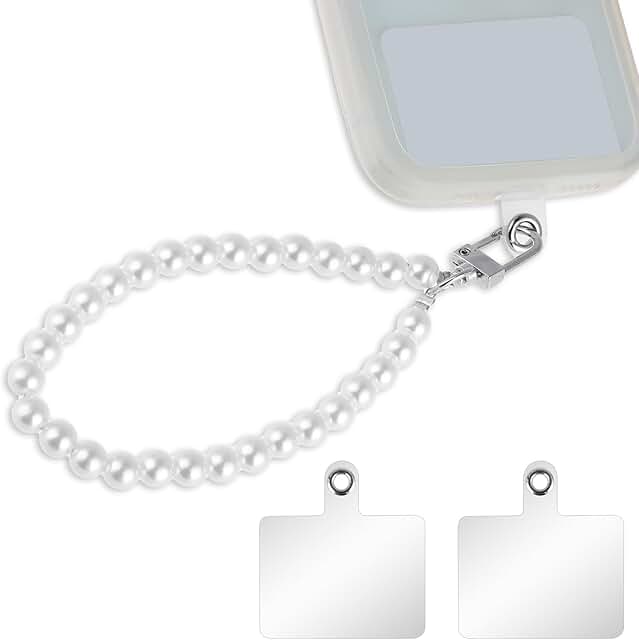 White Pearl Beaded Phone Wrist Strap with Back Patch