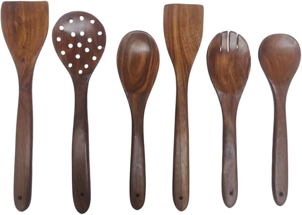 Set of 6 Wooden Spatula Spoons for Cooking and Serving