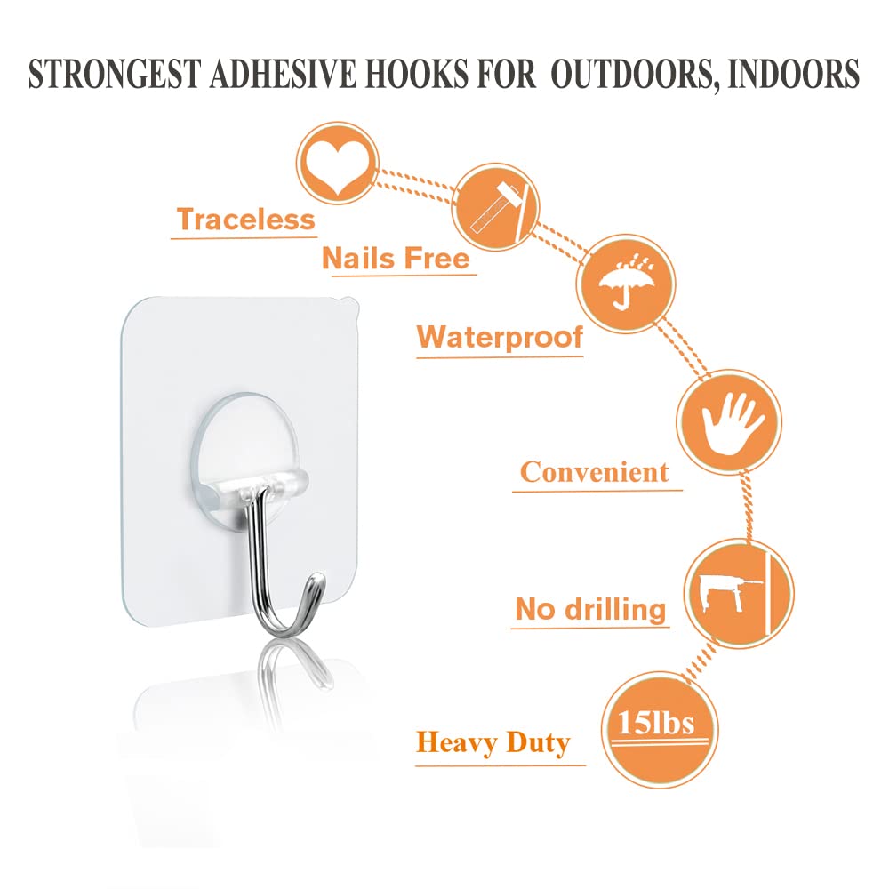 Adhesive Hooks Heavy Duty 15lbs(Max) Transparent Wall Hooks Reusable Seamless Shower Hooks Stick on Hooks for Hanging Bathroom Kitchen Outdoors -10 Pack