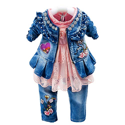 Baby&Little Girls Outfits 3pcs Sets Denim Jacket Long Sleeve Lace Skirt and Jeans(1-2Y,Pink)