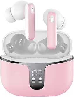 Pink Wireless Earbuds with LED Display, Waterproof, Mic, Deep Bass