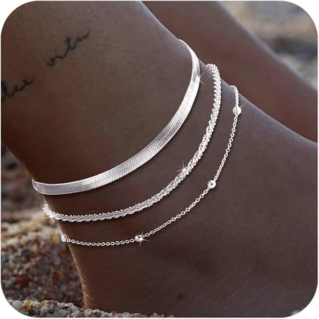 Gold and silver layered ankle bracelet set for women