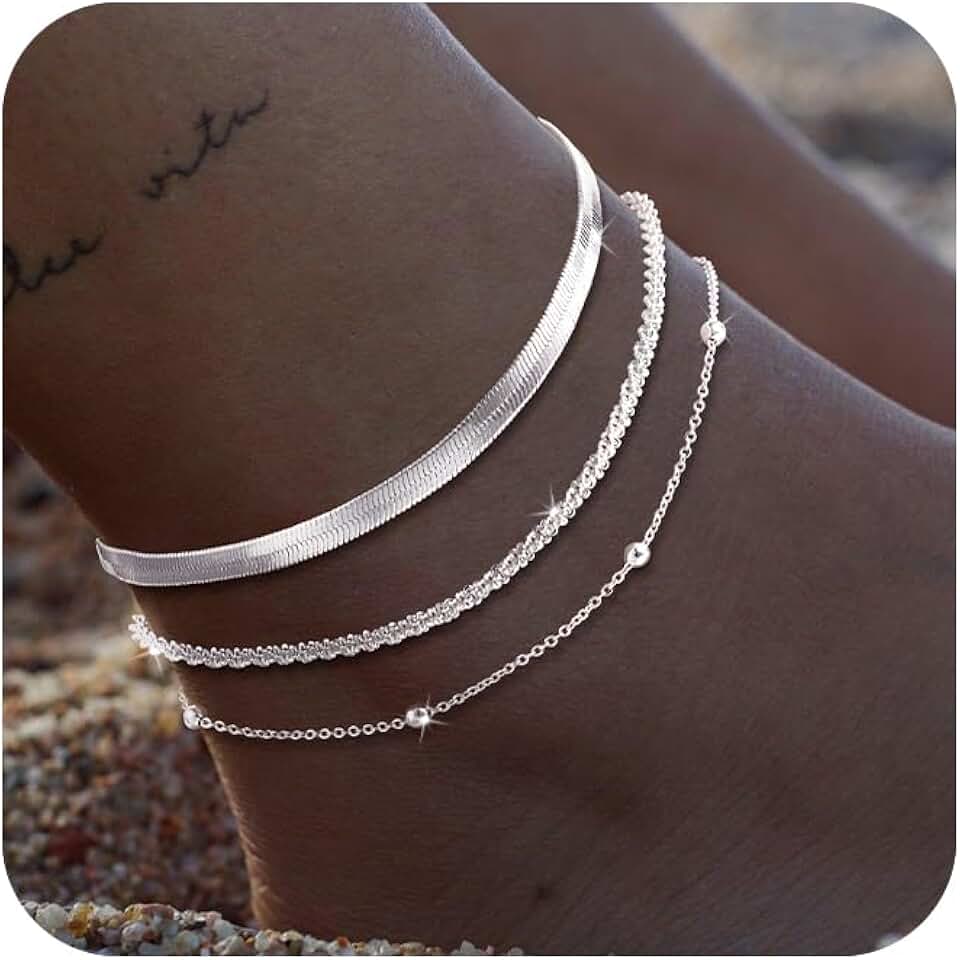 Gold and silver layered ankle bracelet set for women