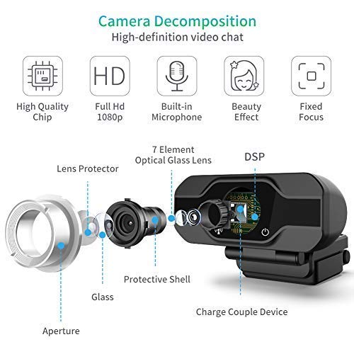 PC Webcam, 1080P Full HD Webcam USB Desktop & Laptop Webcam Live Streaming Webcam with Microphone Widescreen HD Video Webcam 90-Degree Extended View for Video Calling (HD Webcam) (Black)