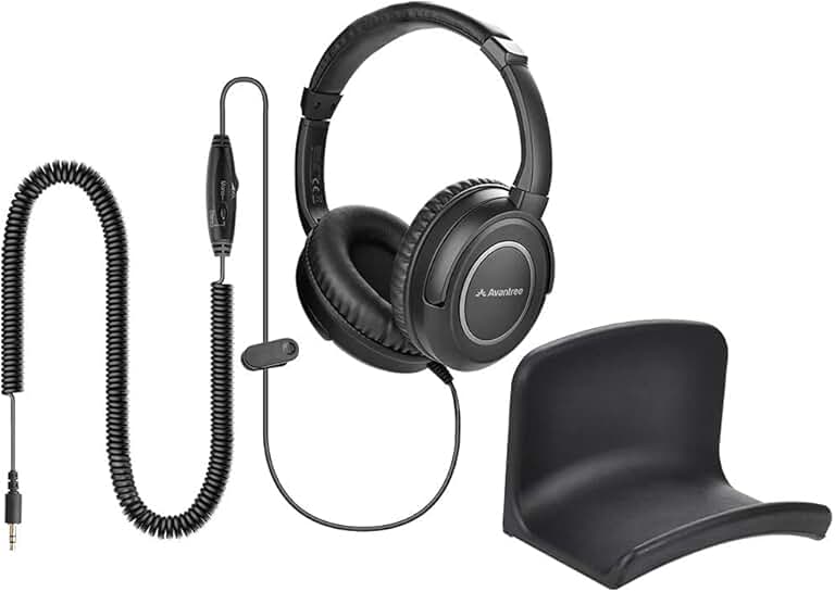 Long Coiled Cord Headphones with Volume Control and Wall Mount