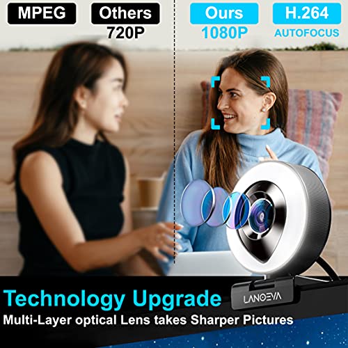 1080p Webcam With Ring Light and Microphone - Full HD Steaming Web Camera with Adjustable Lights, Advanced Autofocus & Tripod Mount for Conferencing/Streaming/Gaming/Calling, PC/Mac Zoom/Skype
