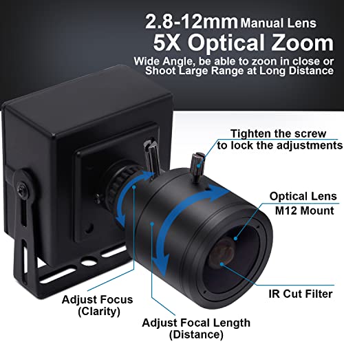 Manual Focus USB Camera Zoom 2.8-12mm Lens 1080P HD Low Light Webcam with Sony IMX323 Sensor H.264 Portable USB Web Camera with Metal Housing and Bracket