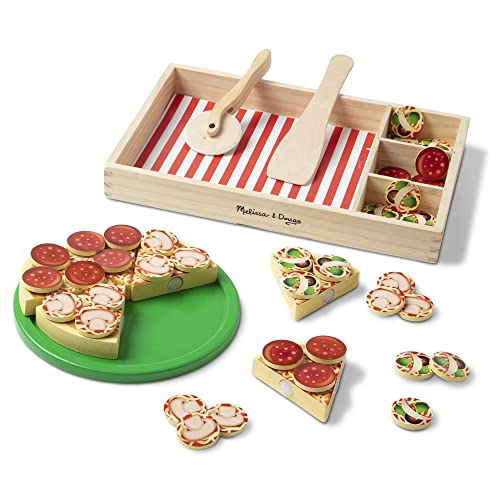 Wooden pizza play food set with 36 toppings