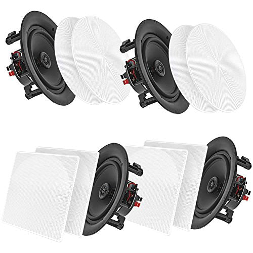 10 4 Bluetooth Flush Mount In-wall In-ceiling 2-Way Speaker System Quick Connections Changeable Round/Square Grill Polypropylene Cone & Tweeter Stereo Sound 4 Ch Amplifier 300 Watt (PDICBT2106)
