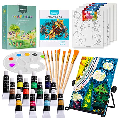 Acrylic Paint Set for Kids with 12 Paints, 8 Brushes, 5 Canvas Panels