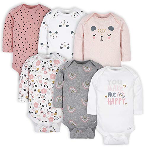 Baby Girls' 6-Pack Long-Sleeve Onesies Bodysuits, Bear Pink, 0-3 Months
