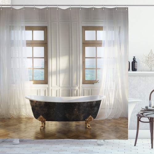 Antique Shower Curtains for Bathroom Retro Bathtub in Modern Room In or Hardwood Clics Space Design Washable Cloth Fabric Master Restroom Decor Set with Hooks 69" W x 84" L Ivory White
