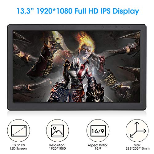 Portable Monitor 13.3 Inch IPS 1920X1080 Dual HDMI Port FHD Gaming Monitor Raspberry Pi Display with Speakers for Raspberry Pi PS4 WiiU Xbox One S Windows 7/8/10