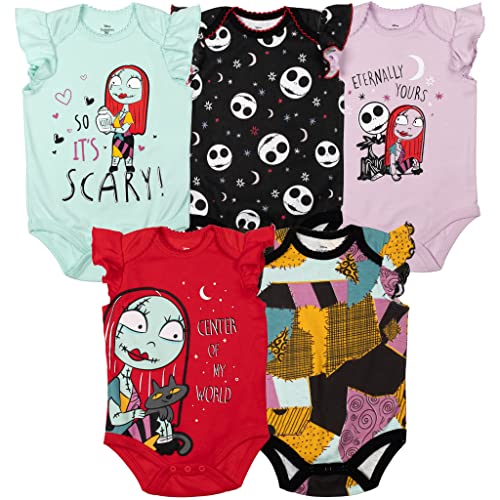 Nightmare Before   Jack Skellington Sally   Baby Girls 5 Pack Cuddly Short Sleeve Baby Bodysuits Multicolor 0-3 Months