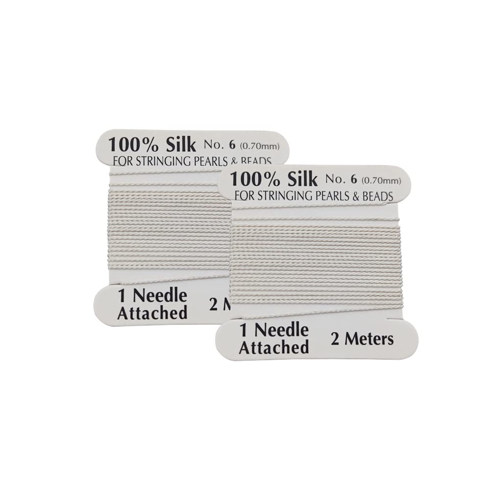 Silk Beading Cord with Needle, 2 Pieces, White
