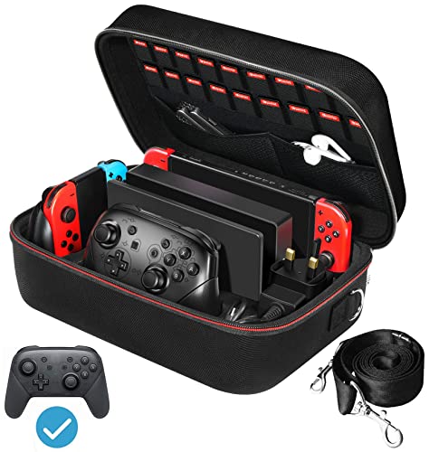 Carrying Storage Case for Nintendo Switch/Switch OLED Model (2021), Portable Travel All Protective Hard Messenger Bag Soft Lining 18 Games for Switch Console Pro Controller & Accessories Black