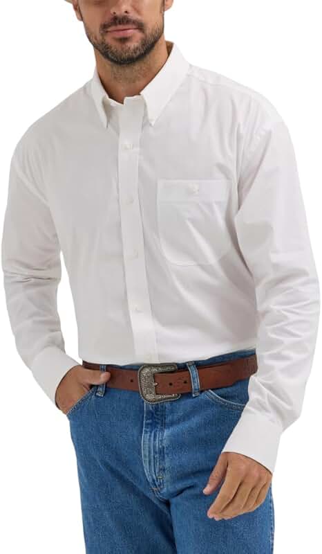 Men's Western Long Sleeve Relaxed Fit Button-Down Shirt, White, Medium Tall