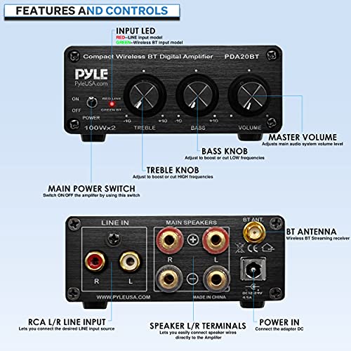 Bluetooth HiFi Mini Audio Amplifier - Class D Digital Desktop PC Stereo Amplifier Receiver (2 x 100 Watt MAX) Aluminum Diecast- PDA20BT, Micro Amp