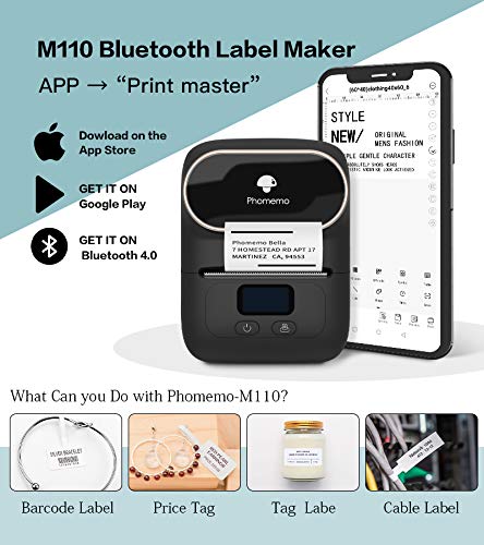 '-M110 Label Maker - Portable Bluetooth Thermal Label Maker Printer for Clothing, Jewelry, Retail, Mailing, Barcode, Compatible with Android & iOS System, with 1pack 4030mm Label, Black