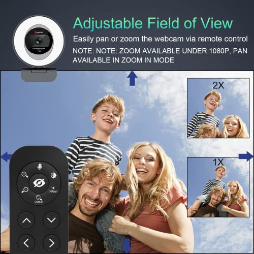 Zoomable Webcam with Remote, (Gen 2) 60FPS 1080P Streaming Webcam with Ring Light Adjustable Brightness 2X Digital Zoom Dual Stereo Mics and Privacy Cover for Zoom/Skype/Teams/Webex, Mac Windows