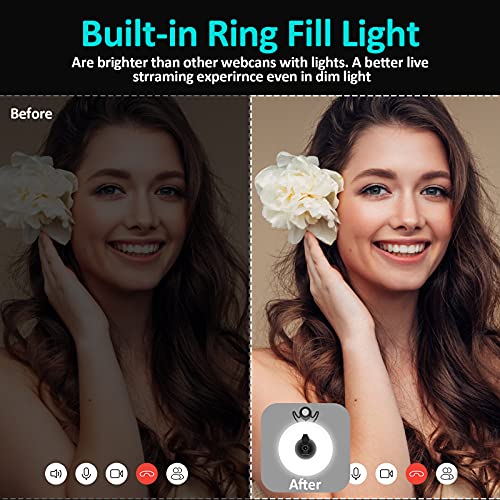 HD 1080P Webcam with Ring Light and Microphone kit, Auto-Focus, Adjustable Brightness,Video Cam Clip on for Online Learning, Zoom Meeting,Live, PC Desktop Computer(Not Suitable for laptops)