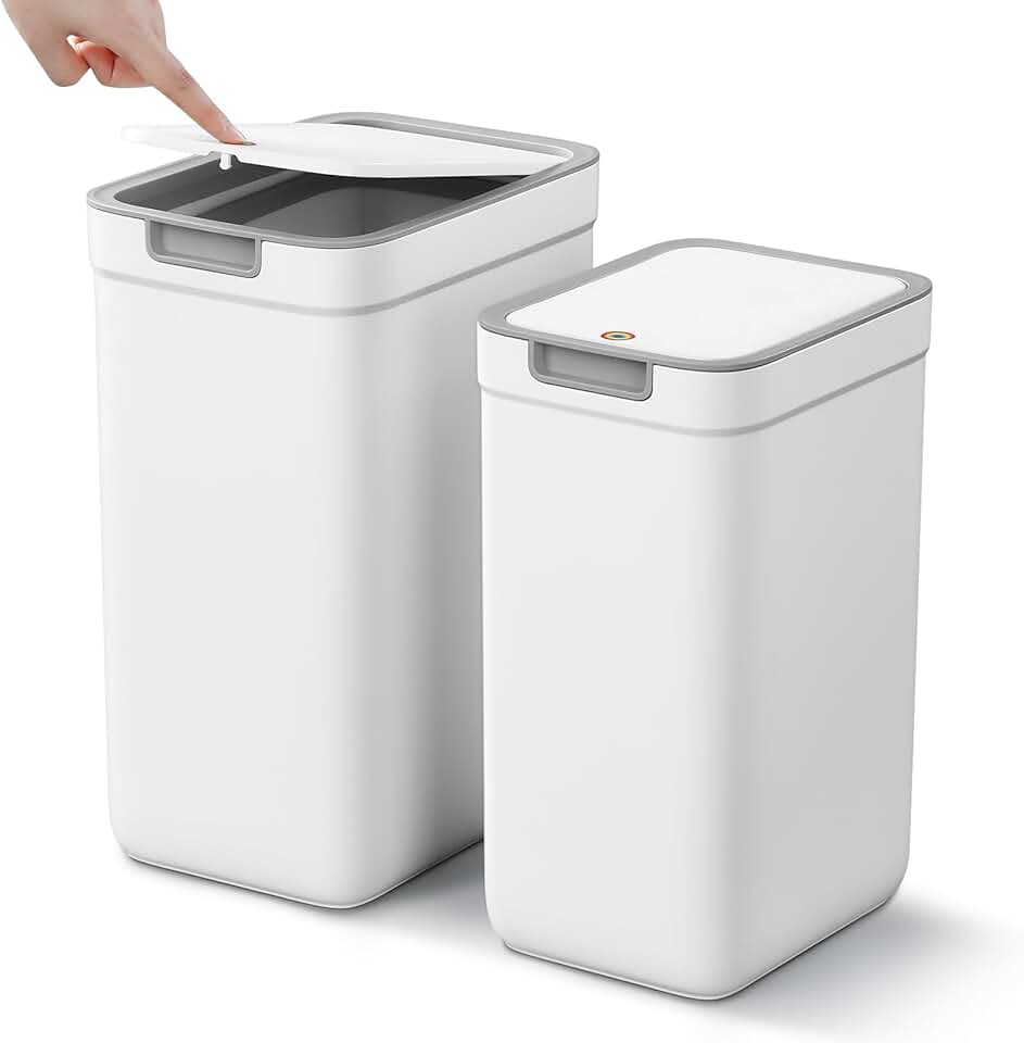 Two Slim Bathroom Trash Cans with Lids