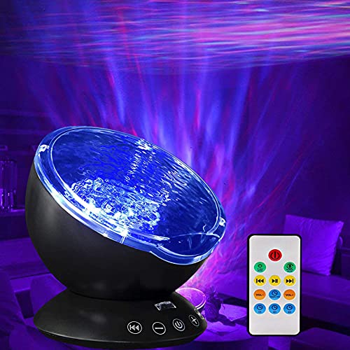 Ocean Wave Projector Night Light Remote Control Sleep Light Lamp LED USB Speaker Lamp 7 Color Auto Shutdown for Kids Room Decoration, Support TF Card - Black