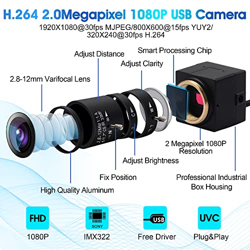 2MP USB Camera 1080P Sony IMX323 Sensor with 2.8-12mm Zoom Optical Lens, Low Light Webcam H.264 Format OTG UVC Plug & Play Free Drive for Video Conference Live Streaming Calling (SFV-2.8-12mm)