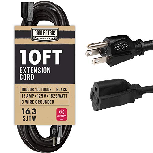 10 Foot Outdoor Extension Cord - 16/3 SJTW Black 16 Gauge Electrical Cable with 3 Prong Grounded Plug