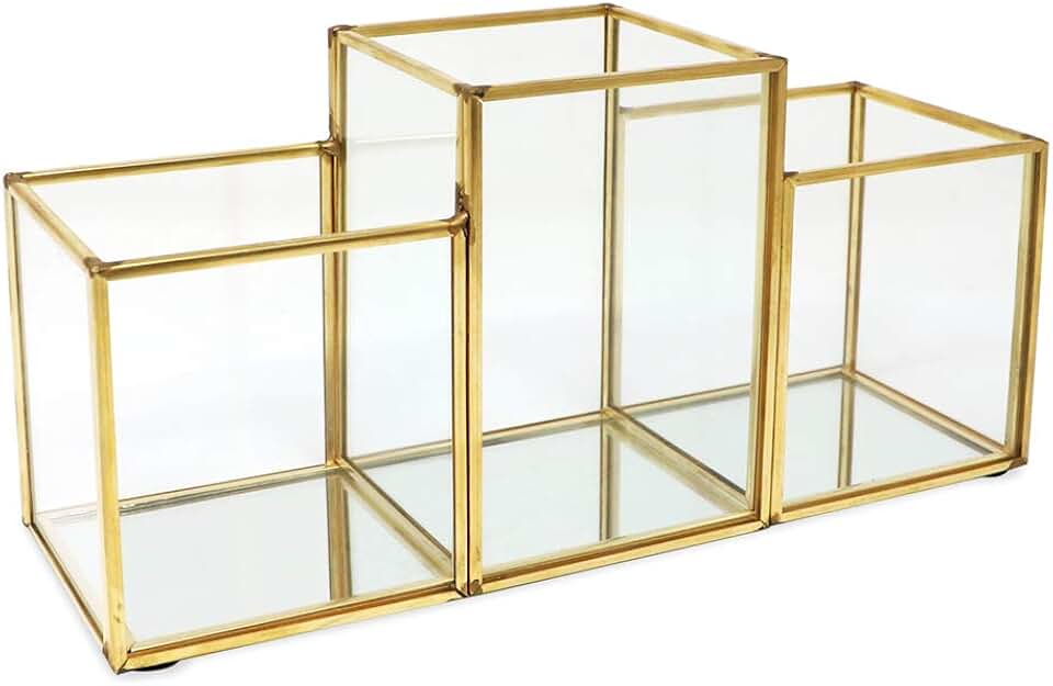 Vintage Brass and Glass Makeup Brush Holder with Mirror
