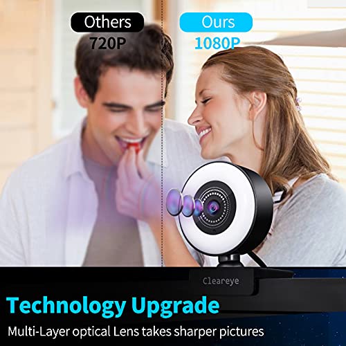 1080P 60FPS Streaming Webcam with Ring Light, Fast AutoFocus, 2021 USB 1080P Web Camera, Dual Stereo Microphone, for Zoom Meeting Skype Teams
