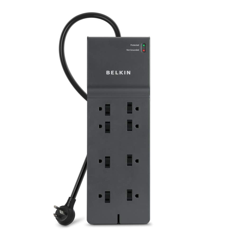 Power Strip Surge Protector with 8 AC Multiple Outlets, 8 ft Long Flat Plug Heavy Duty Extension Cord for Home, Office, Travel, Computer Desktop, Laptop & Phone Charging Bricks (2,500 Joules)